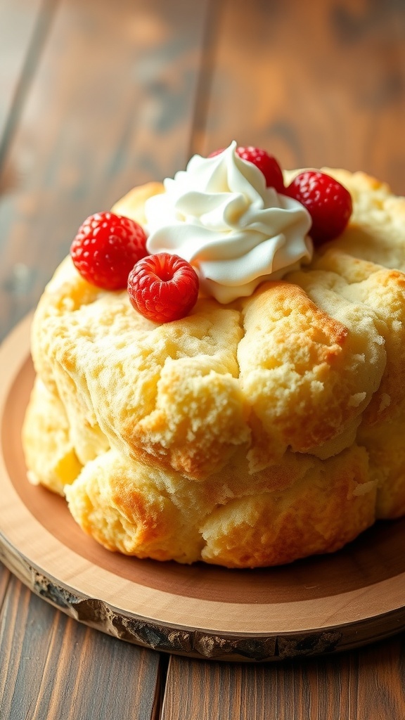 Sweet Cloud Bread Recipe Fluffy sweet cloud bread topped with whipped cream and fresh berries on a wooden table.